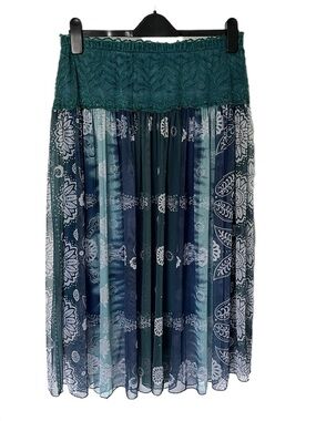 Vintage Y2K Paisley Whimsigoth Mesh Midi Skirt Blue Teal Boho Fairy